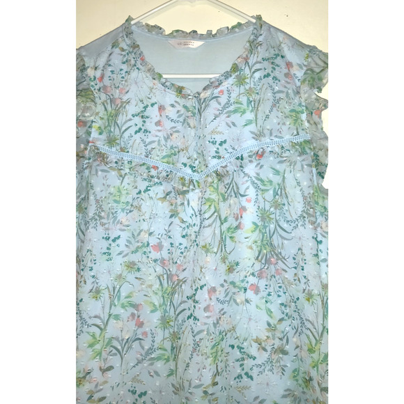 Powder Blue Babydoll Top Blouse LAUREN CONRAD Cottage Core Floral Pastel L - Picture 4 of 16